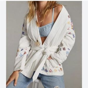Anthropologie Cream Wrap Jacket with Colorful Embroidery